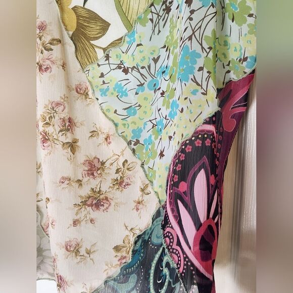 Fenini 0 Color Blocks Green Floral Print Slvless SILK Blend Women Top Blouse - Picture 3 of 9